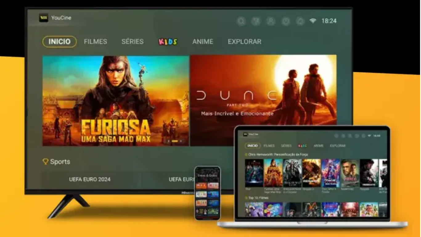 Youcine APK funcionando em celular, Smart TV e laptop